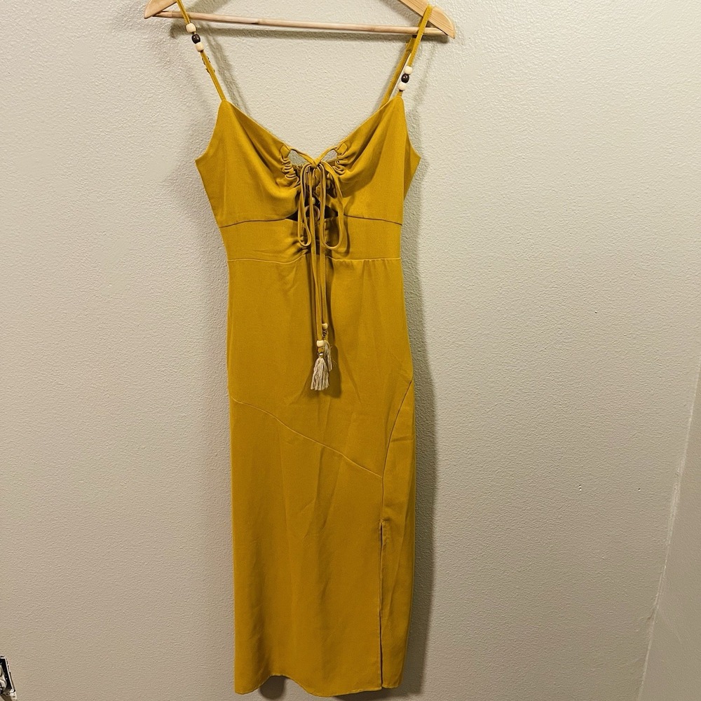 SHEIN Long Dress Mustard Straps Cut Outs Slit Wood Beads Tassels Boho‎ Size XS